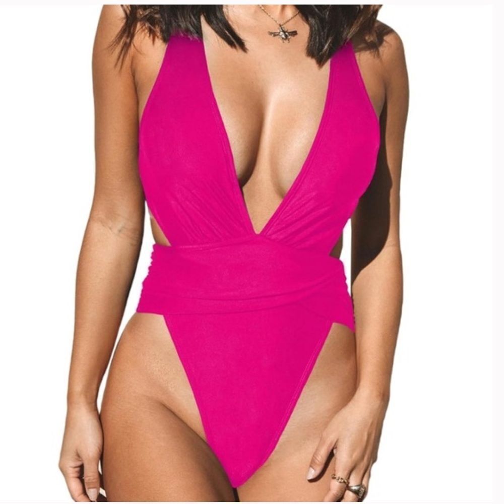 CUPSHE one piece swimsuit with cross back cutout deep v neck ruched high cut - L